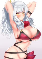 Rule 34 | 1girl, armband, armpits, arms behind head, arms up, ascot, bare shoulders, bikini, blush, breasts, brooch, carmilla (fate), carmilla (summertime mistress) (fate), cleavage, closed mouth, collarbone, cross-laced clothes, curly hair, fate/grand order, fate (series), hair ornament, highres, hip focus, jewelry, large breasts, long hair, looking at viewer, navel, ponytail, red bikini, red ribbon, ribbon, sankakusui, silver hair, simple background, solo, swimsuit, white background, yellow eyes