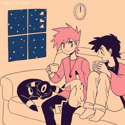 Rule 34 | 2boys, ash ketchum, black hair, black pants, brown eyes, clock, closed mouth, commentary request, couch, creatures (company), cup, game freak, gary oak, gen 1 pokemon, gen 2 pokemon, hands up, holding, holding cup, indoors, itome (funori1), jacket, jewelry, long sleeves, male focus, multiple boys, necklace, nintendo, open mouth, pants, pikachu, pokemon, pokemon (anime), pokemon (classic anime), pokemon (creature), shirt, short hair, sitting, smile, socks, spiked hair, umbreon, window