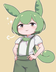 Rule 34 | :3, puff of air, absurdres, animal ears, breasts, brown background, collared shirt, commentary, cowboy shot, double-parted bangs, from below, furrowed brow, green brooch, green shorts, half-closed eyes, hands on own hips, highres, light blush, long hair, looking down, low ponytail, open mouth, outline, pea pod, ponytail, puffy short sleeves, puffy sleeves, shirt, short hair, short sleeves, shorts, simple background, small breasts, smug, sparkle, suspender shorts, suspenders, tokimotoinui, voicevox, white outline, white shirt, yellow eyes, zundamon