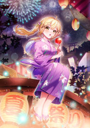 Rule 34 | 1girl, :o, ahoge, bang dream!, blonde hair, blurry, blush, bokeh, candy apple, commentary request, depth of field, feet, festival, fireworks, floral print, flower, food, hair flower, hair ornament, hand fan, highres, holding, holding food, ichigaya arisa, japanese clothes, kimono, lantern, long hair, long sleeves, looking at viewer, majiang, night, outdoors, paper fan, paper lantern, purple kimono, sandals, sitting, solo, stairs, toes, torii, twintails, uchiwa, wide sleeves, x hair ornament, yellow eyes