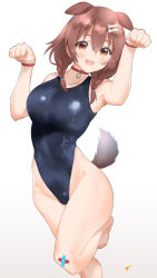 Rule 34 | 1girl, :d, animal ears, bandaid, bandaid on knee, bandaid on leg, black one-piece swimsuit, blue one-piece swimsuit, bone hair ornament, braid, brown eyes, brown hair, c@rbon, cartoon bone, collar, commentary request, competition swimsuit, dog ears, dog girl, dog tail, gradient background, grey background, hair ornament, highres, hololive, inugami korone, looking at viewer, one-piece swimsuit, open mouth, red collar, short hair, smile, solo, standing, standing on one leg, swimsuit, tail, thighs, twin braids, virtual youtuber, white background