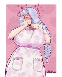 Rule 34 | 1girl, apron, blush, breasts, closed eyes, female focus, hair over one eye, heart, highres, huge breasts, joylewds, large breasts, long hair, mature female, mature female, nail polish, naked apron, original, ponytail, silver hair, smile, solo