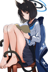 Rule 34 | 1girl, animal ears, ass, barefoot, black eyes, black hair, black sailor collar, black skirt, blue archive, blue halo, blue neckerchief, blush, book, cat ears, cat tail, chair, halo, highres, holding, holding book, kikyou (blue archive), lapis (gulala375), long sleeves, looking at viewer, neckerchief, parted lips, pleated skirt, sailor collar, school uniform, serafuku, short hair, simple background, sitting, skirt, solo, tail, toes, white background