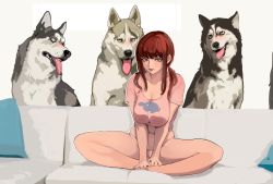 Rule 34 | 1girl, blush, breasts, chainsaw man, character print, cleavage, commentary, couch, dog, english commentary, highres, husky, large breasts, lipstick, looking at another, looking at viewer, makeup, makima (chainsaw man), mamimi (mamamimi), meme, no pants, nose blush, on couch, panties, pillow, pink panties, pink shirt, piper perri surrounded (meme), red hair, red lips, ringed eyes, seductive smile, shirt, short sleeves, sitting, smile, thighs, tongue, tongue out, underwear, v arms, yellow eyes