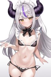 Rule 34 | 1girl, absurdres, bare shoulders, bikini, black bikini, blush, bow, bowtie, breasts, choker, closed mouth, collar, collarbone, cowboy shot, frilled bikini, frills, gradient background, highres, hololive, horns, jjetotwt, la+ darknesss, long hair, looking at viewer, lowleg, maid, maid headdress, multicolored hair, navel, panties, pointy ears, ribbon, side-tie panties, small breasts, solo, stomach, string bikini, swimsuit, thigh gap, thighhighs, thighs, twintails, underwear, v, virtual youtuber, white background, yellow eyes