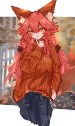 Rule 34 | 1girl, absurdres, alternate costume, animal ear fluff, animal ears, breasts, denim, fate/grand order, fate (series), fox, fox ears, fox girl, fox tail, gin (yza foxxhermit), hair between eyes, hair ornament, hair scrunchie, highres, jeans, large breasts, long hair, looking at viewer, pants, pink hair, scrunchie, solo, sweater, tail, tamamo (fate), tamamo no mae (fate/extra), twintails, yellow eyes