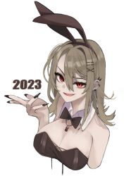 Rule 34 | 1girl, 2023, animal ears, bow, bowtie, breasts, brown hair, chinese zodiac, detached collar, ear piercing, fake animal ears, fingernails, hair between eyes, hair ornament, hairpin, highres, large breasts, leotard, long hair, applying manicure, multiple piercings, nail polish, open mouth, original, piercing, playboy bunny, rabbit ears, red eyes, sharp fingernails, solo, teizen (niwamaee), upper body, white background, x hair ornament, year of the rabbit