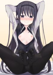 Rule 34 | 1girl, akemi homura, arms behind head, arms up, black hair, black pantyhose, blush, breasts, breasts out, denkaisui, feet, feet together, long hair, looking at viewer, mahou shoujo madoka magica, nipples, no bra, no shoes, open clothes, open shirt, panties, panties under pantyhose, pantyhose, purple eyes, sitting, small breasts, smile, soles, solo, steam, toes, underwear