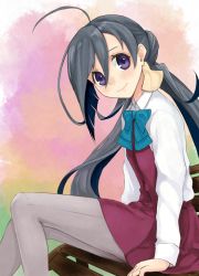 Rule 34 | 10s, 1girl, ahoge, ashiya hiro, bench, bow, bowtie, dress, from side, grey hair, hair between eyes, hair ornament, kantai collection, kiyoshimo (kancolle), long hair, long sleeves, looking at viewer, low twintails, pantyhose, purple eyes, school uniform, shirt, sitting, smile, solo, twintails, white shirt, wing collar