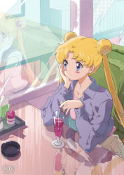 Rule 34 | 1girl, ashtray, bishoujo senshi sailor moon, blonde hair, blue eyes, blush, cafe, casual, commentary request, cup, dated, day, double bun, drinking glass, drinking straw, earrings, elbow rest, hair bun, indoors, jewelry, long hair, long sleeves, looking away, neki (wakiko), reflection, sailor moon, signature, sitting, solo, stud earrings, tsukino usagi, twintails, window