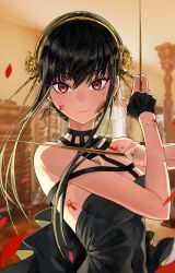 Rule 34 | 1girl, absurdres, black dress, black hair, blood, blood on arm, blood on face, breasts, closed mouth, dagger, dress, dual wielding, earrings, eungi, gold hairband, hair bun, hairband, hands up, highres, holding, holding dagger, holding knife, holding weapon, jewelry, knife, long hair, looking at viewer, medium breasts, red eyes, sidelocks, single hair bun, sleeveless, sleeveless dress, smile, solo, spy x family, upper body, weapon, yor briar