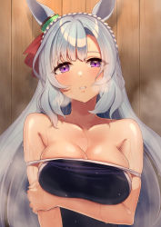 Rule 34 | 1girl, absurdres, against wall, animal ears, arm under breasts, bare shoulders, black one-piece swimsuit, blush, braid, breast hold, breasts, cleavage, collarbone, competition swimsuit, crown braid, ear ornament, grey hair, heavy breathing, highres, horse ears, hukahito, large breasts, long hair, looking at viewer, mejiro ardan (umamusume), one-piece swimsuit, parted lips, revision, skindentation, solo, strap slip, swimsuit, umamusume, upper body, very long hair, wet, wooden wall