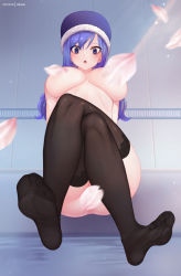 Rule 34 | 1girl, blue eyes, blue hair, breasts, cherry blossoms, convenient censoring, crossed legs, ellizeh, fairy tail, feet, hat, juvia lockser, large breasts, long hair, looking at viewer, no bra, no panties, parted lips, petal censor, petals, see-through, see-through legwear, sitting, soles, toes