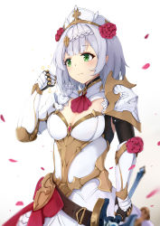Rule 34 | 1girl, absurdres, armor, ascot, belt, blunt bangs, braid, breastplate, breasts, claymore (sword), cleavage, clenched hand, commentary request, falling petals, gauntlets, genshin impact, greatsword, green eyes, grey hair, hair between eyes, hair ornament, highres, holding, holding sword, holding weapon, long sleeves, maid, maid headdress, medium breasts, noelle (genshin impact), petals, revival, short hair, sidelocks, simple background, single braid, smile, solo, sword, weapon, white background