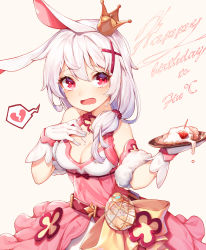 Rule 34 | 1girl, absurdres, animal ears, bare shoulders, belt, breasts, broken heart, brown background, cleavage, commentary request, cream, crown, crying, crying with eyes open, de da xianyu, dress, food, fox ears, fruit, gloves, hair ornament, hand on own chest, hands up, happy birthday, heart, highres, holding, holding plate, honkai (series), honkai impact 3rd, long hair, medium breasts, mini crown, pink dress, plate, rabbit ears, red belt, red eyes, silver hair, simple background, sleeveless, sleeveless dress, solo, spoken heart, strawberry, tears, theresa apocalypse, theresa apocalypse (sakuno rondo), toothpick, white gloves, x hair ornament