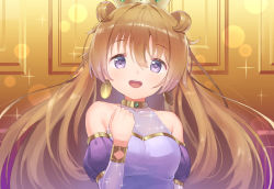 Rule 34 | 1girl, artist name, artist request, blush, bracelet, breasts, brown hair, butterfly (love live!), choker, cleavage, clenched hand, clothing cutout, collarbone, cropped shirt, crown, detached sleeves, double bun, dress, dress shirt, earrings, female focus, floating hair, gold bracelet, hair between eyes, hair bun, hair rings, harem outfit, indoors, jewelry, konoe kanata, long hair, looking at viewer, love live!, love live! nijigasaki high school idol club, love live! school idol festival, navel, parted lips, puffy short sleeves, puffy sleeves, purple eyes, purple shirt, shirt, short sleeves, shorts, shoulder cutout, small breasts, smile, solo, sparkle, two side up, upper body, yellow bracelet, yellow choker