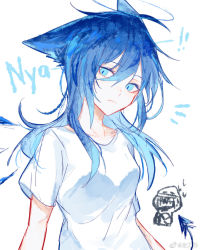 Rule 34 | 1girl, 1other, ahoge, ambiguous gender, animal ears, arknights, blue eyes, blue hair, casual, cat ears, chibi, chibi inset, chinese commentary, collarbone, demon tail, doctor (arknights), energy wings, halo, highres, kemonomimi mode, long hair, mostima (arknights), no horns, nyan, shirt, simple background, t-shirt, tail, upper body, weibo watermark, white background, white shirt, zuo daoxing