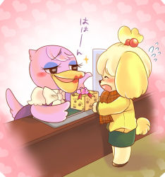 Rule 34 | 2girls, animal crossing, artist request, bird, blush, dog, gift, heart, isabelle (animal crossing), lipstick, lowres, makeup, multiple girls, nintendo, pelican, phyllis, scarf, text focus, topknot, translation request