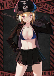 Rule 34 | 1girl, absurdres, blonde hair, bra, breasts, brown gloves, cable, commentary request, cross, epaulettes, fang, gloves, gun, hand on own hip, hat, headphones, highres, holding, holding gun, holding weapon, iron cross, jacket, jiseki rena, looking at viewer, medium breasts, military uniform, mp40, navel, nazi, open clothes, open jacket, original, over shoulder, peaked cap, red eyes, reichsadler, rena (jiseki rena), short hair, skin fang, skirt, solo, standing, submachine gun, tongue, tongue out, tsurime, underwear, uniform, weapon, weapon over shoulder, weapon request