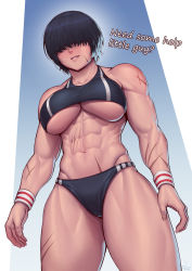 Rule 34 | 1girl, abs, absurdres, arms at sides, backlighting, battle scarred, biceps, black hair, black panties, black sports bra, blush, bra, breasts, collarbone, english text, faceless, faceless female, grin, groin, hair over eyes, highres, large breasts, lips, multiple scars, muscular, muscular female, navel, nose blush, open hands, original, outline, panties, scar, scar on arm, scar on face, scar on stomach, shiny skin, short hair, smile, solo, speedl00ver, sports bra, sports panties, striped bra, striped clothes, striped panties, striped sports bra, striped wristband, thick thighs, thigh gap, thighs, track uniform, underboob, underwear, white wristband, wristband
