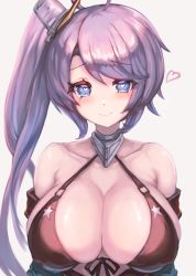 Rule 34 | 1girl, absurdres, ahoge, azur lane, bare shoulders, bikini, bikini top only, black bikini, blue eyes, blue jacket, blush, breasts, cleavage, closed mouth, collar, collarbone, commentary request, denchi more power, fang, fang out, front-tie bikini top, front-tie top, grey hair, hair between eyes, heart, heart-shaped pupils, highres, jacket, large breasts, long hair, looking at viewer, off shoulder, partial commentary, portland (azur lane), side ponytail, sidelocks, simple background, smile, solo, star (symbol), star print, swimsuit, symbol-shaped pupils, upper body, very long hair, white background