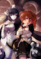 Rule 34 | 2girls, :&lt;, ahoge, black cape, black hair, black skirt, blazblue, bob cut, breasts, brown hair, cape, celica a. mercury, closed mouth, collared shirt, gem, hair ribbon, hand on own chest, hand on own chin, headpiece, long sleeves, looking at another, looking at viewer, mechanical arms, minerva (blazblue), multiple girls, navel, neck ribbon, online neet, pleated skirt, ponytail, red eyes, red ribbon, ribbon, robot, shirt, simple background, skirt, smile, stomach, thighs, white background, white shirt