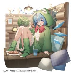 Rule 34 | 1girl, :d, animal costume, bed frame, blue hair, blush, bow, bowtie, ceiling light, cirno, copyright notice, cup, detached wings, disposable cup, doughnut, eating, food, food on face, frog costume, full body, green socks, highres, holding, holding food, ice, ice wings, indoors, kneehighs, knees up, lantern, long sleeves, looking at viewer, official art, on bed, open mouth, pillow, plant, plate, potted plant, purple eyes, red bow, red bowtie, short hair, sitting, smile, socks, solo, toma (norishio), touhou, touhou arcadia record, wings, wooden wall