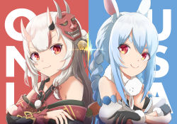 Rule 34 | 2girls, animal ear fluff, animal ears, bare shoulders, bell, black gloves, black kimono, blue background, blue hair, braid, closed mouth, commentary request, crossed arms, detached sleeves, dress, fur-trimmed gloves, fur trim, gloves, grey hair, hair bell, hair bun, hair ornament, highres, hilamaru, hololive, horns, japanese clothes, jingle bell, kimono, long hair, mask, mask on head, multicolored hair, multiple girls, nakiri ayame, nakiri ayame (1st costume), off shoulder, oni, oni mask, puffy short sleeves, puffy sleeves, rabbit ears, red background, red eyes, red hair, romaji text, short eyebrows, short sleeves, single hair bun, skin-covered horns, smile, strapless, strapless dress, streaked hair, thick eyebrows, twin braids, twintails, two-tone background, two-tone hair, upper body, usada pekora, usada pekora (1st costume), v-shaped eyebrows, virtual youtuber, white dress, white sleeves
