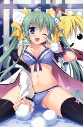 Rule 34 | 1girl, ;d, absurdres, black thighhighs, blue bra, blue eyes, blue panties, bow, bra, breasts, cleavage, coat, fang, green hair, highres, huge filesize, melon-chan, melonbooks, moribe (rabumanyo), one eye closed, open clothes, open coat, open mouth, panties, sitting, smile, snowball, snowman, spread legs, thighhighs, twintails, underwear, v, yellow bow