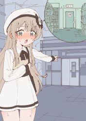 Rule 34 | 1girl, absurdres, arm up, beret, black bow, black bowtie, blush, bow, bowtie, brown hair, collared shirt, convenience store, cowboy shot, door, embarrassed, female focus, flat chest, flat color, grey background, grey eyes, grey gemstone, hand up, hat, hat bow, have to pee, highres, holding strap, ivorine (rune (dualhart)), long hair, long sleeves, looking at viewer, miniskirt, nervous, nose blush, open mouth, original, outdoors, outstretched arm, pleated skirt, pointing, rune (dualhart), shirt, shirt tucked in, shop, sidelocks, skirt, solo, speech bubble, standing, sweat, talking, vest, white hat, white shirt, white skirt, yellow vest