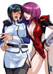 Rule 34 | 00s, 2girls, belt, black hair, black legwear, blush, breasts, cleavage, clenched teeth, company connection, crossover, embarrassed, eye contact, female focus, grin, highres, hug, kagami hirotaka, kangoku senkan, large breasts, leotard, lilith-soft, lips, lipstick, looking at another, makeup, miniskirt, multiple girls, naomi evans, naughty face, oboro (taimanin asagi), open mouth, purple eyes, purple hair, red eyes, red leotard, red lips, revealing clothes, round teeth, short hair, shy, side slit, simple background, skirt, smile, standing, sweatdrop, taimanin (series), taimanin asagi, teeth, thighhighs, uniform, white background, yuri