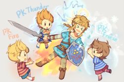 Rule 34 | angry, blonde hair, blue eyes, brown hair, claus (mother 3), closed eyes, full body, gloves, hylian shield, ice, link, long hair, lucas (mother 3), male focus, master sword, mother (game), mother 3, multiple boys, nintendo, pointy ears, quiff, shield, shirt, short hair, simple background, smile, striped clothes, striped shirt, super smash bros., sword, the legend of zelda, the legend of zelda: breath of the wild, thunder, weapon, wusagi2