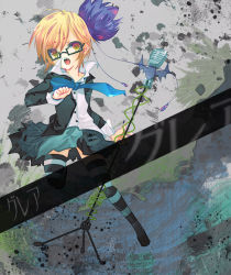 Rule 34 | bespectacled, blonde hair, eema, glare (vocaloid), glasses, hair ribbon, kagamine rin, microphone, microphone stand, ribbon, short hair, skirt, solo, striped clothes, striped thighhighs, thighhighs, vocaloid, yellow eyes, zettai ryouiki