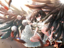 Rule 34 | 1girl, bird wings, black hair, black skirt, black wings, breasts, camera, collared shirt, commentary request, feathered wings, feathers, fingernails, frilled skirt, frills, geta, hand on own thigh, highres, holding, holding camera, large breasts, light particles, looking to the side, open mouth, petticoat, pocket, pom pom (clothes), puffy short sleeves, puffy sleeves, red eyes, red footwear, ribbon-trimmed skirt, ribbon trim, shameimaru aya, shirt, short sleeves, skirt, squatting, tassel, tengu-geta, thighs, touhou, tqg 07, white shirt, white sleeves, wing collar, wings