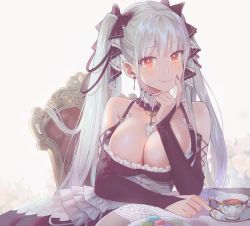 Rule 34 | 1girl, azur lane, bad id, bad twitter id, between breasts, blush, bow, breasts, choker, cleavage, closed mouth, cup, dress, earrings, finger to mouth, food, formidable (azur lane), hair bow, highres, jewelry, large breasts, lino chang, long hair, macaron, nail polish, orange eyes, silver hair, simple background, sitting, smile, solo, teacup, twintails