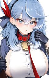 Rule 34 | 1girl, absurdres, ako (blue archive), animal collar, bell, black gloves, blue archive, blue eyes, blue hair, blue jacket, blush, breasts, clipboard, collar, earrings, gloves, halo, highres, holding, holding clipboard, jacket, jewelry, large breasts, leash, looking at viewer, mochirong, neck bell, shirt, sideboob, sideless shirt, simple background, solo, stud earrings, sweat, upper body, viewer holding leash, white background, white shirt