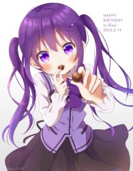 Rule 34 | 1girl, black skirt, blush, bow, bowtie, character name, chocolate, commentary, dated, food in mouth, gochuumon wa usagi desu ka?, hair between eyes, hair ornament, hairclip, happy birthday, incoming food, long hair, long sleeves, looking at viewer, mozukun43, open mouth, purple bow, purple bowtie, purple eyes, purple hair, purple vest, rabbit house uniform, shirt, simple background, skirt, solo, tedeza rize, twintails, twitter username, vest, white background, white shirt