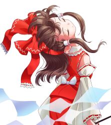 Rule 34 | 1girl, bow, brown hair, closed eyes, commentary request, detached sleeves, frilled bow, frills, gohei, hair bow, hair tubes, hakurei reimu, head back, highres, holding, holding gohei, medium hair, nontraditional miko, red bow, red skirt, red vest, ribbon-trimmed sleeves, ribbon trim, s-a-murai, shaft look, simple background, skirt, skirt set, solo, touhou, vest, white background, white sleeves