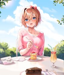 Rule 34 | 1girl, absurdres, blue eyes, blush, bow, breasts, bush, cake, cake slice, chocolate cake, cloud, collarbone, commission, cup, doki doki literature club, drinking glass, drinking straw, foliage, food, fork, hair between eyes, hair bow, hair ornament, highres, holding, holding fork, jewelry, large breasts, leaf, long bangs, long sleeves, looking at viewer, machulanko, necklace, open mouth, orange hair, paper, pink shirt, plate, red bow, sayori (doki doki literature club), shirt, short hair, sitting, sleeves rolled up, smile, solo, table
