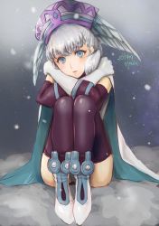 Rule 34 | 1girl, blue eyes, blush, breasts, cape, curly hair, elbow gloves, gloves, hat, head wings, long hair, looking at viewer, medium breasts, melia antiqua, nintendo, silver hair, simple background, smile, solo, thighhighs, wings, xenoblade chronicles (series), xenoblade chronicles 1, yamamori kinako