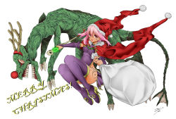 Rule 34 | 1girl, antlers, boots, breasts, bridal gauntlets, cape, christmas, dark skin, facial mark, from side, full body, hair between eyes, hat, highres, horns, jewelry, looking to the side, merry christmas, monster, necklace, original, pelvic curtain, pink hair, purple footwear, purple thighhighs, red eyes, sack, santa hat, signature, small breasts, tahira ureka, teeth, thigh boots, thighhighs