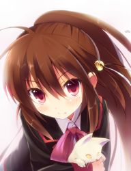 Rule 34 | 1girl, 3:, bell, bow, brown hair, cat, hair bell, hair ornament, kotsu, lennon, little busters!, long hair, natsume rin, pink bow, red eyes, school uniform