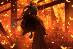 Rule 34 | 1girl, bug, butterfly, celest c, fire, holding, holding needle, holding weapon, insect, lady butterfly, long hair, needle, old, old woman, ponytail, sekiro: shadows die twice, solo, weapon, white hair, yellow butterfly