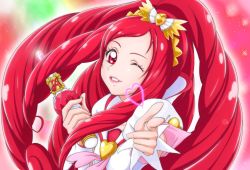 Rule 34 | 1girl, bow, brooch, chocokin, cure ace, dokidoki! precure, hair bow, heart, heart brooch, jewelry, lipstick, long hair, madoka aguri, magical girl, makeup, one eye closed, pointing, precure, red eyes, red hair, smile, solo, wink