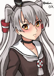Rule 34 | 1girl, amatsukaze (kancolle), brown dress, brown eyes, dress, hair tubes, kantai collection, lifebuoy ornament, long hair, looking at viewer, maakun (makun dx), one-hour drawing challenge, sailor dress, silver hair, simple background, smokestack hair ornament, solo, twitter username, two side up, upper body, white background