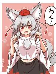 Rule 34 | 1girl, animal ears, black skirt, border, claw pose, commentary, detached sleeves, highres, inubashiri momiji, large ears, pom pom (clothes), red headwear, shirt, shitacemayo, skirt, solo, speech bubble, stomach, tengu, touhou, translated, white border, white shirt, white sleeves, wolf ears, wolf girl