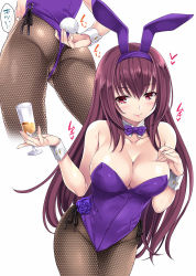 Rule 34 | 1girl, adjusting clothes, adjusting leotard, animal ears, ass, bare shoulders, black ribbon, blush, bow, bowtie, breasts, champagne flute, cleavage, closed mouth, collarbone, commentary request, contrapposto, covered erect nipples, cowboy shot, cropped legs, cup, detached collar, drink, drinking glass, fake animal ears, fake tail, fate/grand order, fate (series), fishnet pantyhose, fishnets, flower, hand on own chest, heart, highres, holding, holding cup, holding drinking glass, large breasts, leaning forward, leotard, lipstick, long hair, looking at viewer, makeup, mizuhara yuu, multiple views, official alternate costume, pantyhose, partially visible vulva, playboy bunny, purple bow, purple flower, purple hair, purple lips, purple neckwear, purple rose, rabbit ears, rabbit tail, ribbon, rose, scathach (fate), scathach (piercing bunny) (fate), side-tie leotard, simple background, smile, standing, strapless, strapless leotard, tail, thought bubble, unmoving pattern, white background, wine glass, wrist cuffs