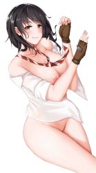 Rule 34 | 1girl, bare shoulders, black hair, bottomless, breasts, brown eyes, coppelion, dress shirt, fingerless gloves, gloves, hanada yanochi, hip focus, long hair, looking at viewer, loose necktie, lying, medium breasts, naked shirt, naruse ibara, necktie, nipples, on side, open clothes, open shirt, shirt, short sleeves, smile, solo, striped necktie, striped neckwear