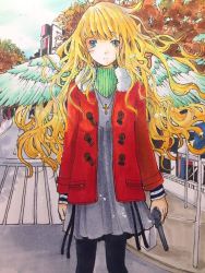 Rule 34 | 1girl, angel wings, autumn, black pantyhose, blonde hair, blue eyes, closed mouth, cross, cross necklace, day, dress, expressionless, floating hair, fur-trimmed jacket, fur trim, green scarf, grey dress, gun, handgun, holding, holding gun, holding weapon, jacket, jewelry, long hair, long sleeves, looking at viewer, marker (medium), necklace, original, outdoors, pantyhose, red jacket, scarf, solo, traditional media, tree, weapon, wind, wings, yuki nagi