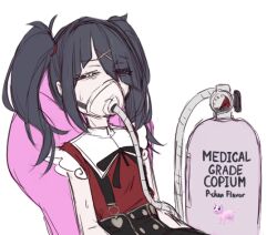 Rule 34 | 1girl, ame-chan (needy girl overdose), black bow, black skirt, bow, closed eyes, commentary, copium (meme), english commentary, english text, frills, hair between eyes, hair ornament, meme, needy girl overdose, no nose, orristerioso, oxygen mask, oxygen tank, skirt, solo, suspender skirt, suspenders, sweatdrop, twintails, white background